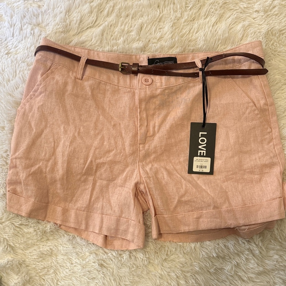 Love university linen blend Women's Pink Shorts with Brown Belt